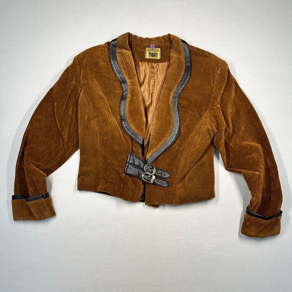 Vintage Mob Wife Arriba Velvet Cropped Jacket Leather Trim M